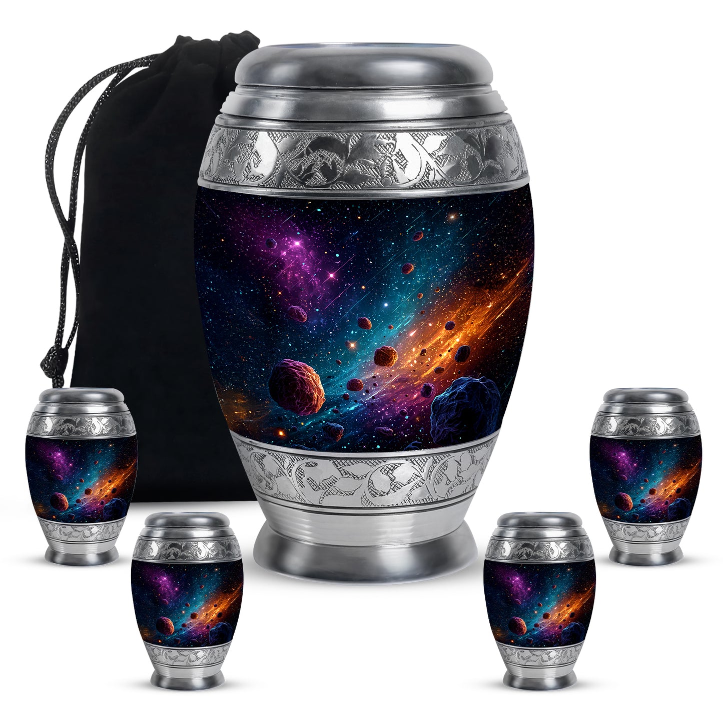 Bright Blue Galaxy Cremation Urn detail view - royal galaxy engraving with decorative scrollwork - memorial set with one large and four small urns