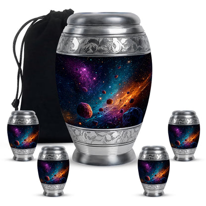 Bright Blue Galaxy Cremation Urn detail view - royal galaxy engraving with decorative scrollwork - memorial set with one large and four small urns