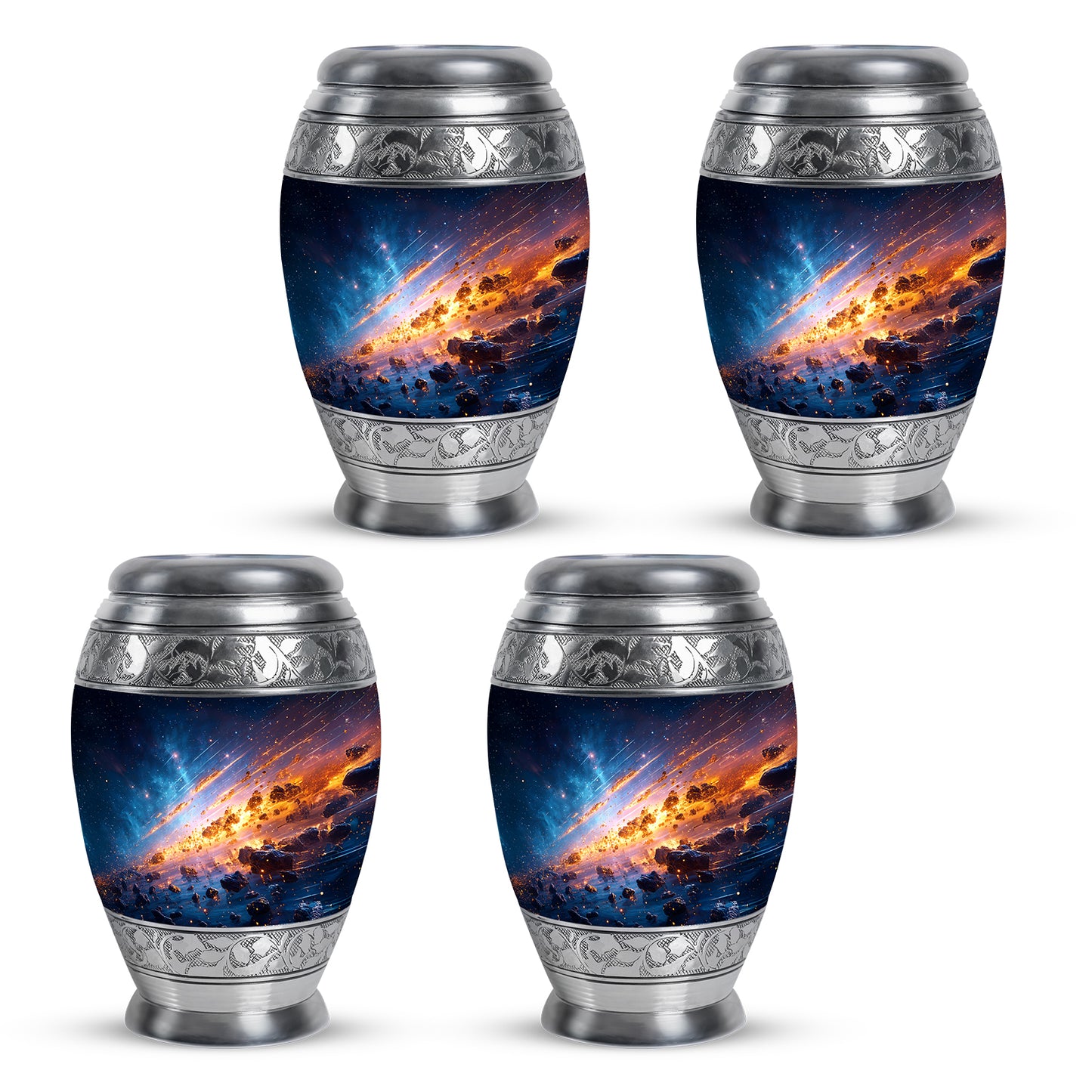 Twilight Blue Galaxy Cremation Urn urn with complimentary velvet bag - majestic galaxy pattern with filigree border - 10 inch aluminum urn for cremated remains