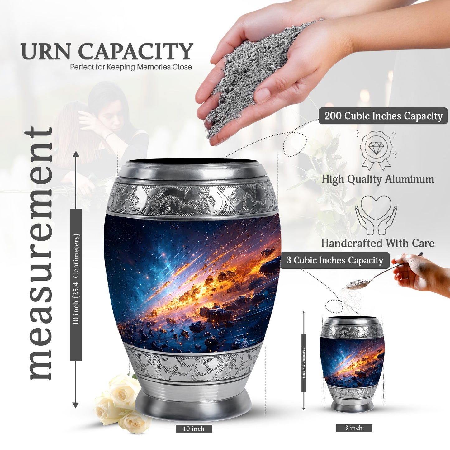 Calming Blue Galaxy Cremation Urn lifestyle display on memorial shelf - majestic galaxy pattern with filigree border - mini keepsake memorial for portion of cremation ashes