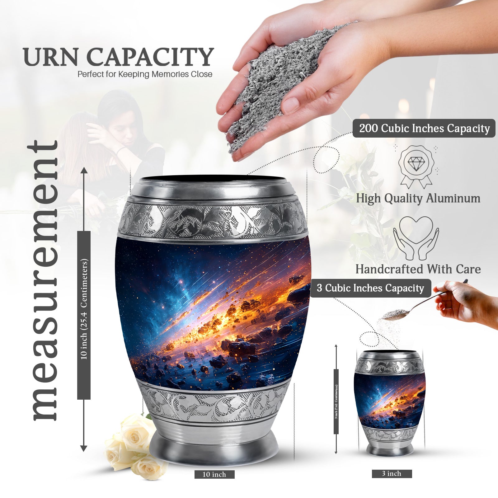 Calming Blue Galaxy Cremation Urn lifestyle display on memorial shelf - majestic galaxy pattern with filigree border - mini keepsake memorial for portion of cremation ashes