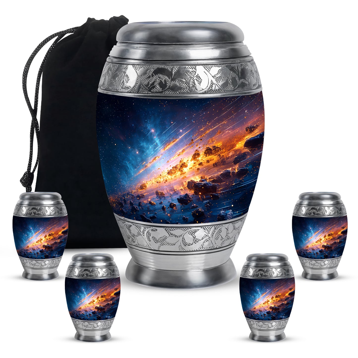Pastel Blue Galaxy Cremation Urn detail view - ornate monarch-style galaxy relief on brushed aluminum - memorial set with one large and four small urns