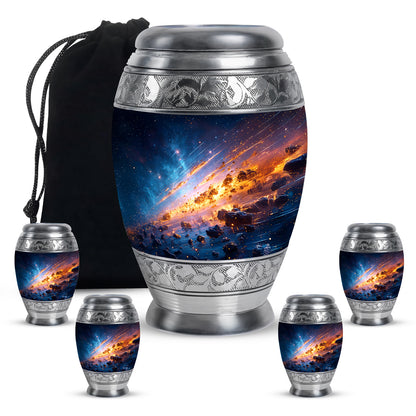 Pastel Blue Galaxy Cremation Urn detail view - ornate monarch-style galaxy relief on brushed aluminum - memorial set with one large and four small urns
