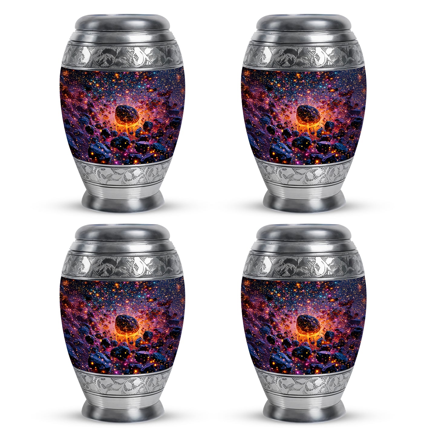 Slate Blue Galaxy Cremation Urn urn with complimentary velvet bag - ornate monarch-style galaxy relief on brushed aluminum - 10 inch aluminum urn for cremated remains
