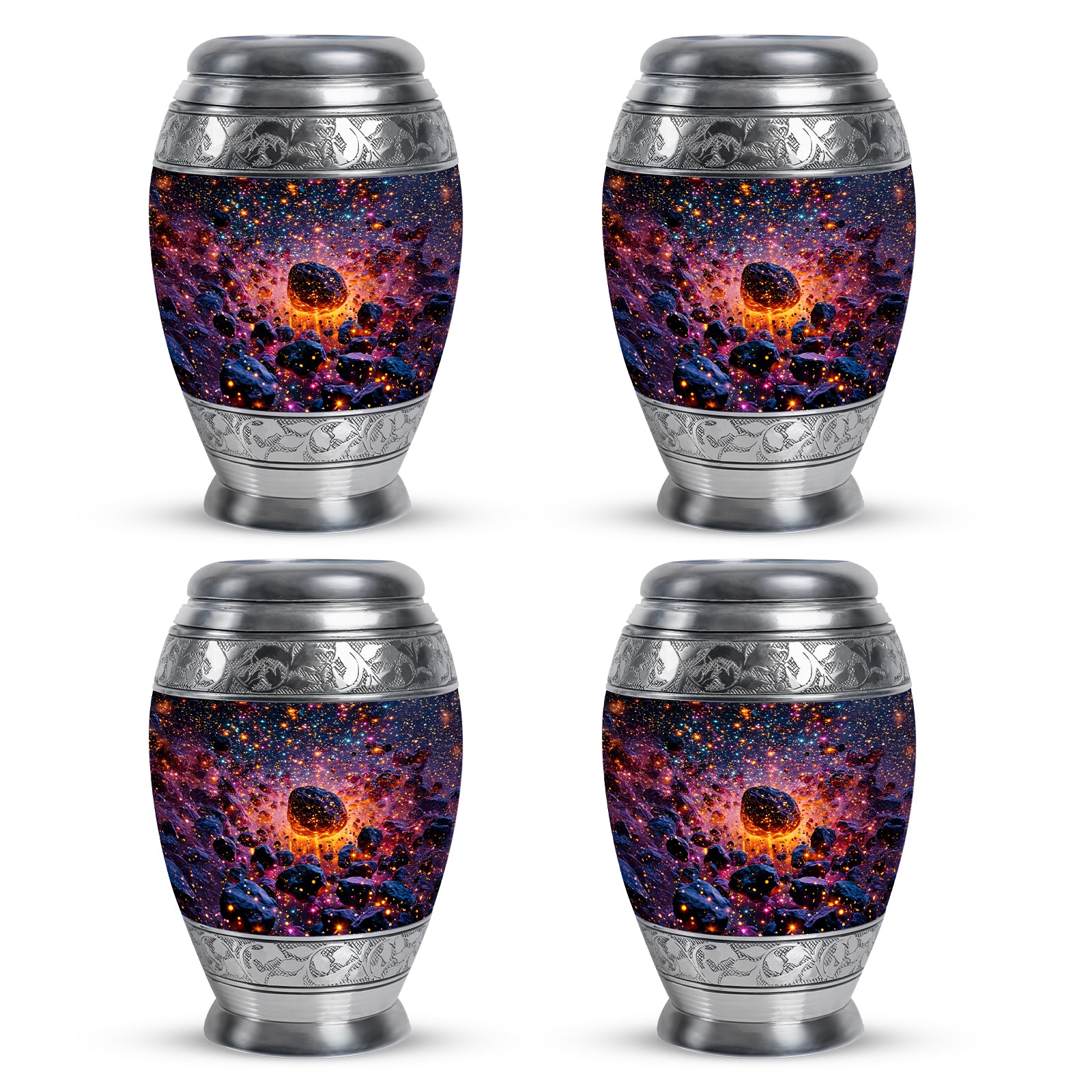 Slate Blue Galaxy Cremation Urn urn with complimentary velvet bag - ornate monarch-style galaxy relief on brushed aluminum - 10 inch aluminum urn for cremated remains