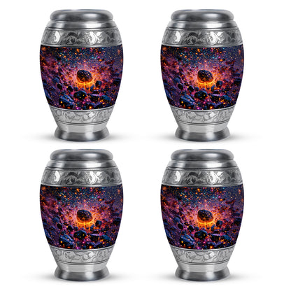 Slate Blue Galaxy Cremation Urn urn with complimentary velvet bag - ornate monarch-style galaxy relief on brushed aluminum - 10 inch aluminum urn for cremated remains