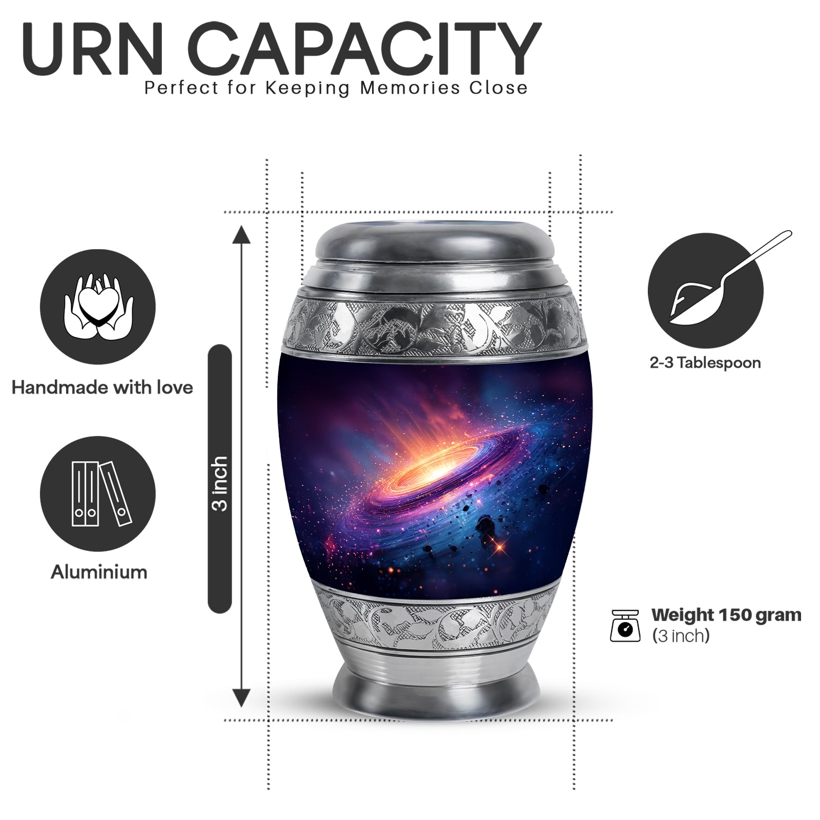 Dusty Blue Galaxy Cremation Urn lifestyle display on memorial shelf - ornate monarch-style galaxy relief on brushed aluminum - mini keepsake memorial for portion of cremation ashes