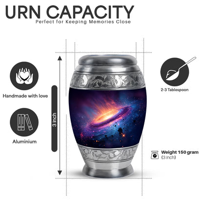 Dusty Blue Galaxy Cremation Urn lifestyle display on memorial shelf - ornate monarch-style galaxy relief on brushed aluminum - mini keepsake memorial for portion of cremation ashes