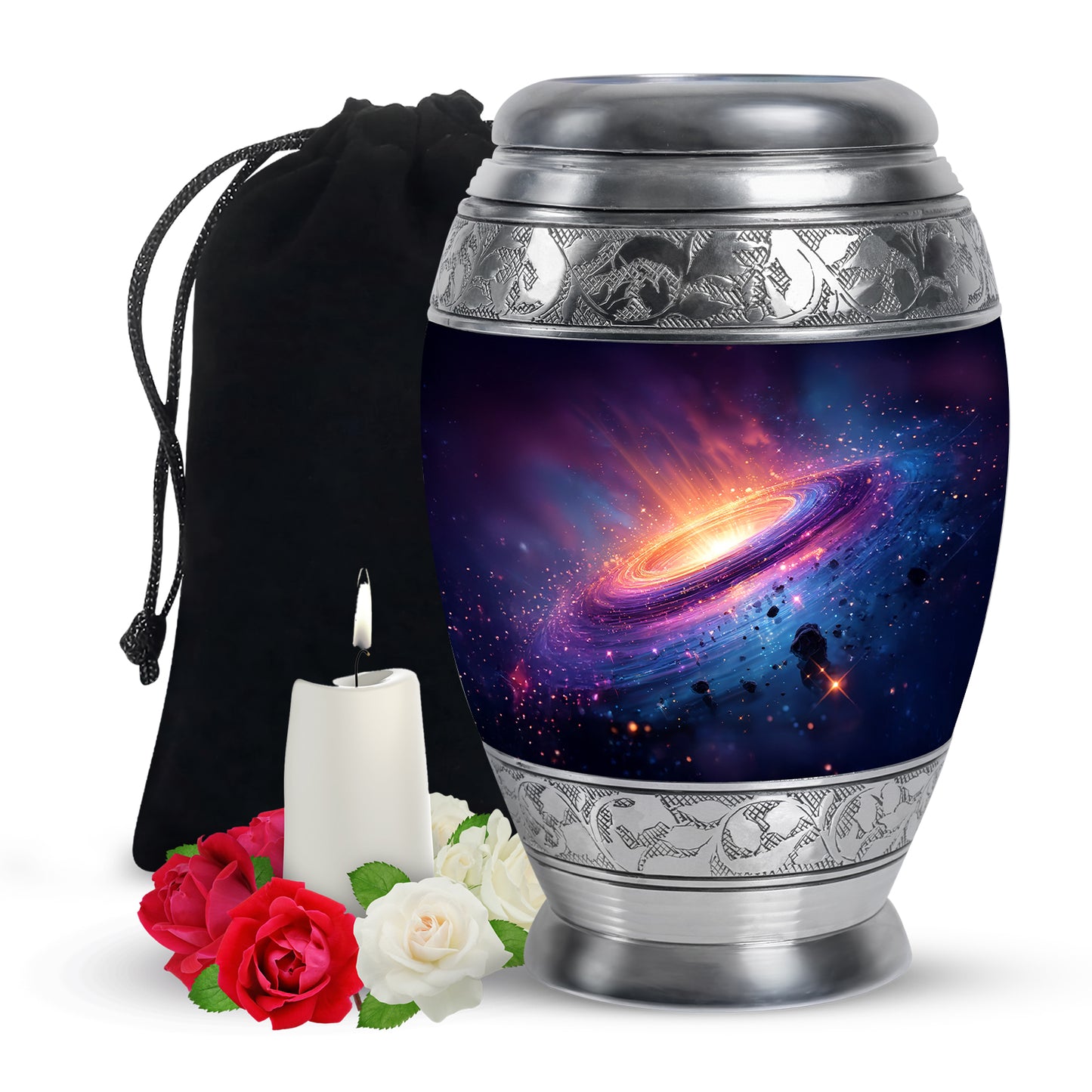 Royal Blue Galaxy Cremation Urn back view with polished surface - majestic galaxy pattern with filigree border - full-size 10 inch 200 cubic inch adult cremation urn