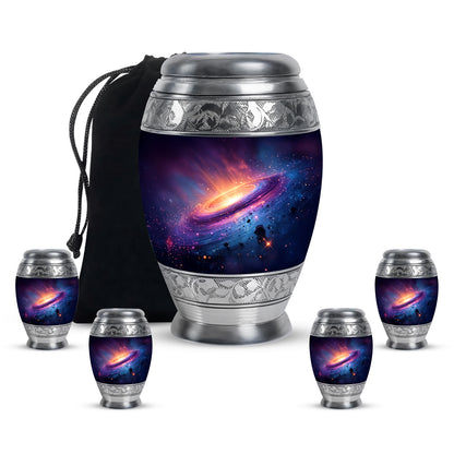 Slate Blue Galaxy Cremation Urn detail view - regal galaxy design with crown-inspired accents - memorial set with one large and four small urns