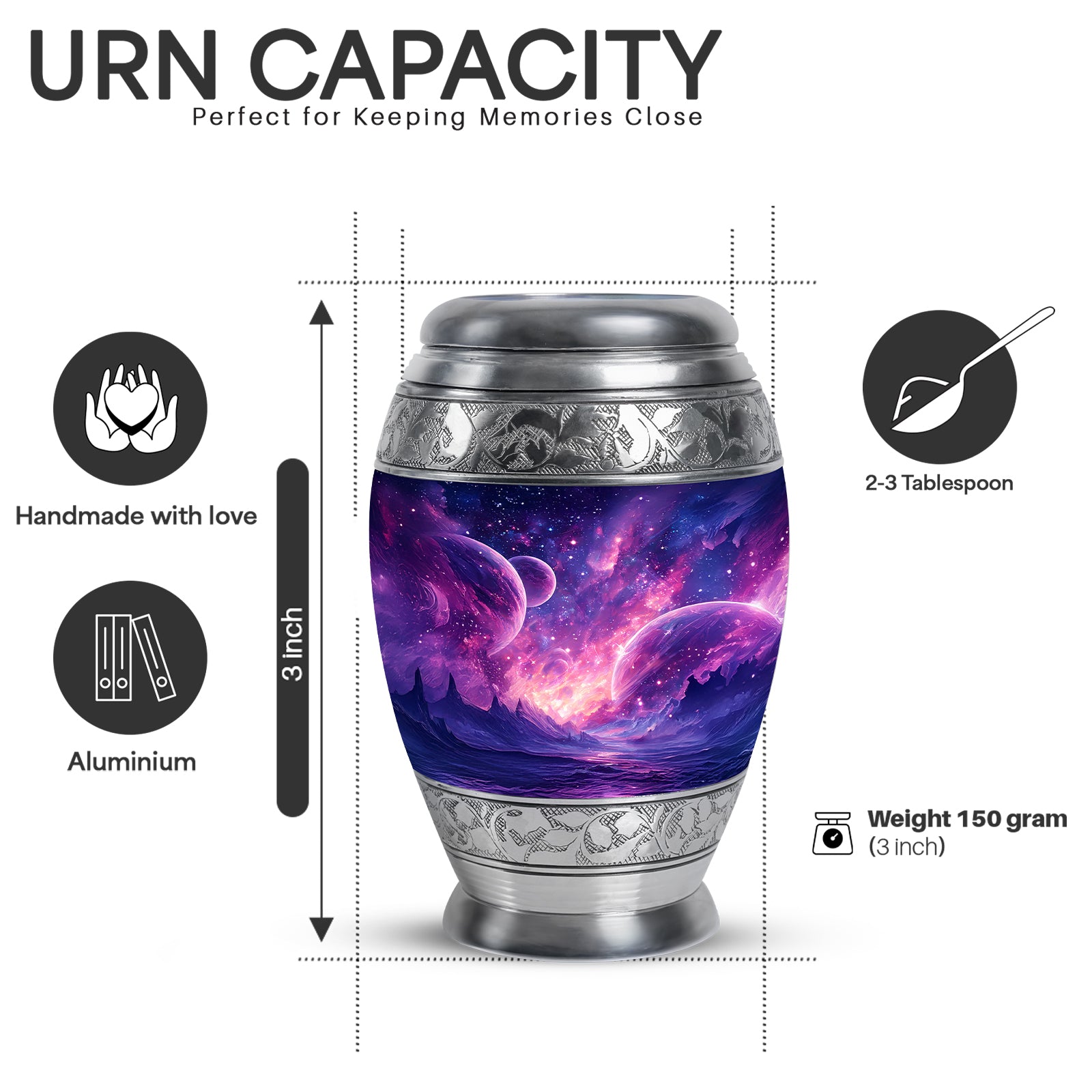 Sky Blue Galaxy Cremation Urn lifestyle display on memorial shelf - regal galaxy design with crown-inspired accents - mini keepsake memorial for portion of cremation ashes