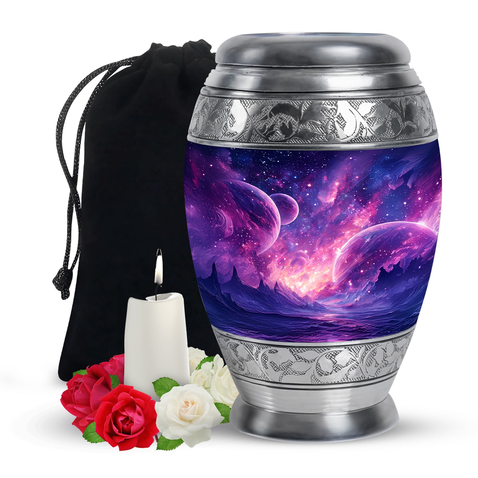 Indigo Galaxy Cremation Urn back view with polished surface - ornate monarch-style galaxy relief on brushed aluminum - full-size 10 inch 200 cubic inch adult cremation urn
