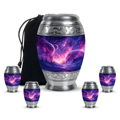 Sky Blue Galaxy Cremation Urn detail view - ornate monarch-style galaxy relief on brushed aluminum - memorial set with one large and four small urns