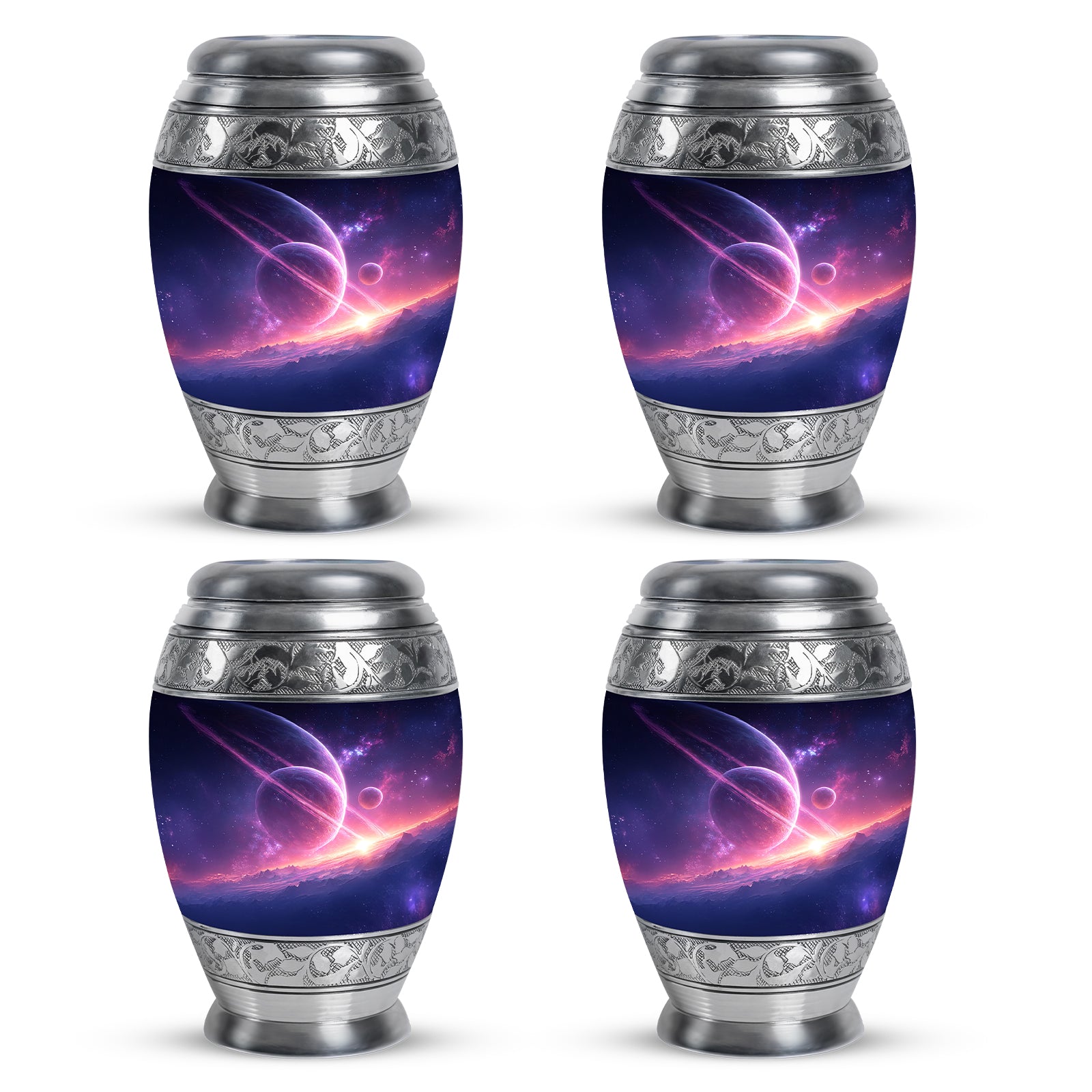 Misty Blue Galaxy Cremation Urn urn with complimentary velvet bag - ornate monarch-style galaxy relief on brushed aluminum - 10 inch aluminum urn for cremated remains