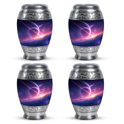 Misty Blue Galaxy Cremation Urn urn with complimentary velvet bag - ornate monarch-style galaxy relief on brushed aluminum - 10 inch aluminum urn for cremated remains