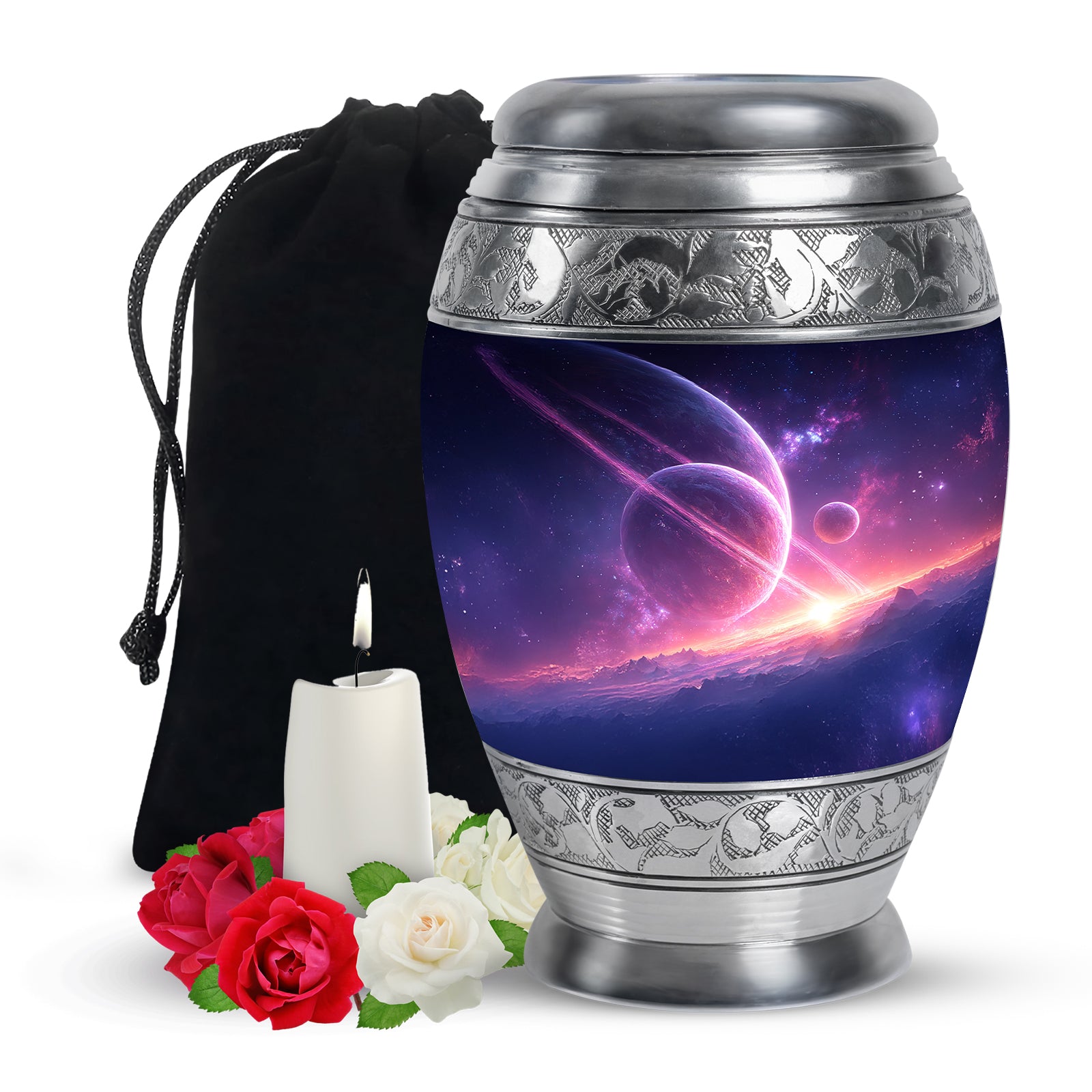 Dusty Blue Galaxy Cremation Urn back view with polished surface - ornate monarch-style galaxy relief on brushed aluminum - full-size 10 inch 200 cubic inch adult cremation urn