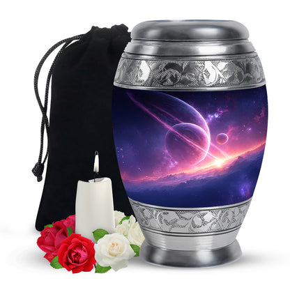 Dusty Blue Galaxy Cremation Urn back view with polished surface - ornate monarch-style galaxy relief on brushed aluminum - full-size 10 inch 200 cubic inch adult cremation urn
