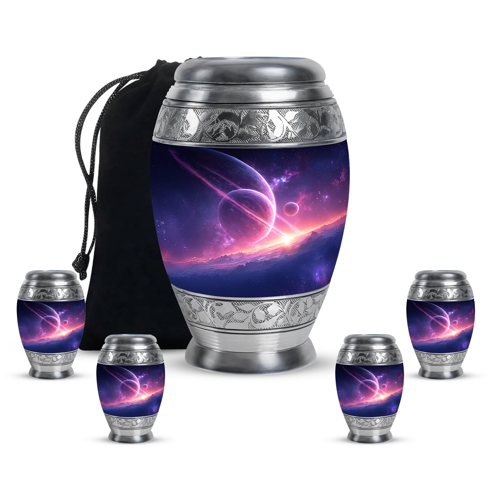 Cobalt Blue Galaxy Cremation Urn detail view - royal galaxy engraving with decorative scrollwork - memorial set with one large and four small urns