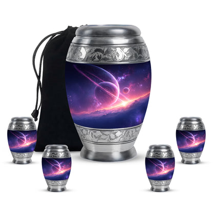 Cobalt Blue Galaxy Cremation Urn detail view - royal galaxy engraving with decorative scrollwork - memorial set with one large and four small urns
