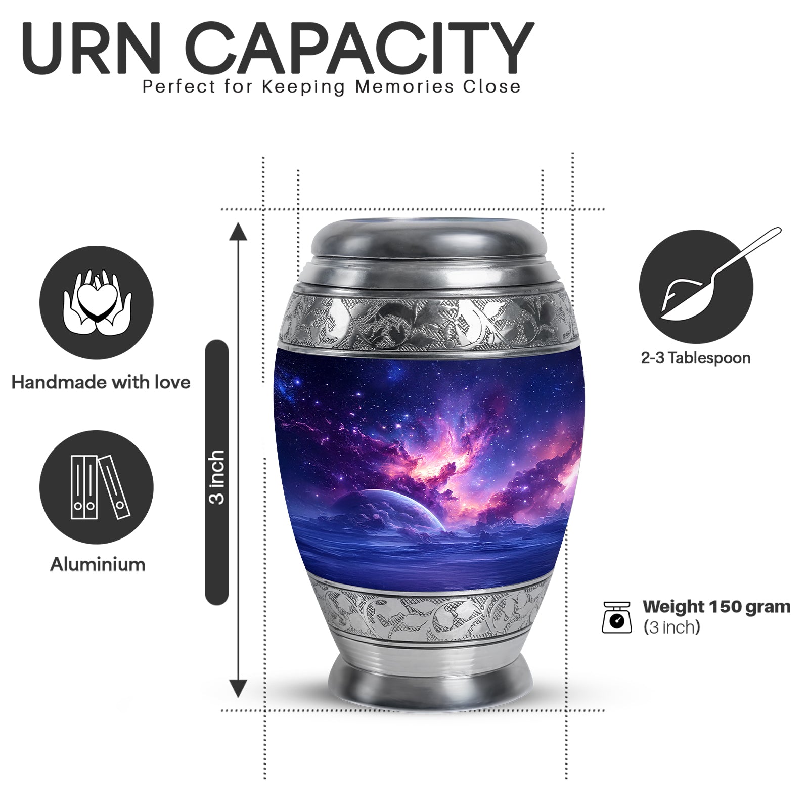 Vivid Blue Galaxy Cremation Urn lifestyle display on memorial shelf - royal galaxy engraving with decorative scrollwork - mini keepsake memorial for portion of cremation ashes