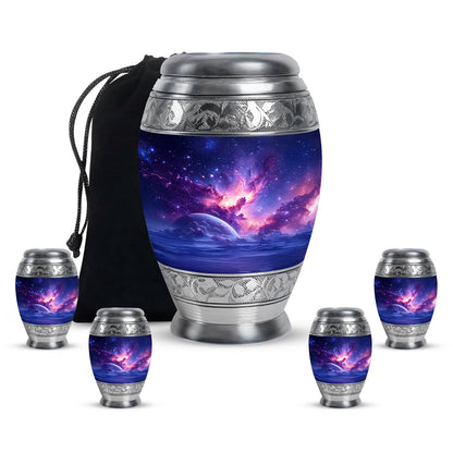 Indigo Galaxy Cremation Urn detail view - regal galaxy design with crown-inspired accents - memorial set with one large and four small urns