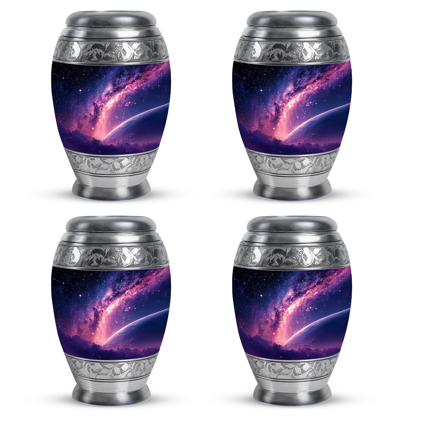 Steel Blue Galaxy Cremation Urn urn with complimentary velvet bag - majestic galaxy pattern with filigree border - 10 inch aluminum urn for cremated remains