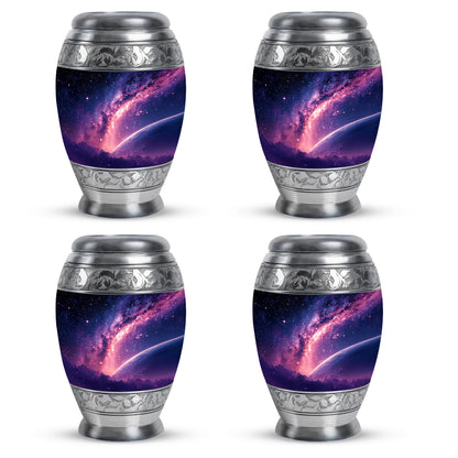 Steel Blue Galaxy Cremation Urn urn with complimentary velvet bag - majestic galaxy pattern with filigree border - 10 inch aluminum urn for cremated remains