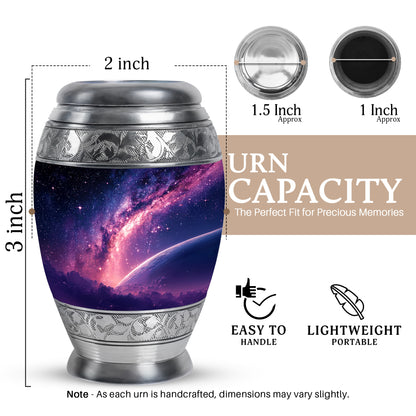 Vivid Blue Galaxy Cremation Urn lifestyle display on memorial shelf - royal galaxy engraving with decorative scrollwork - mini keepsake memorial for portion of cremation ashes