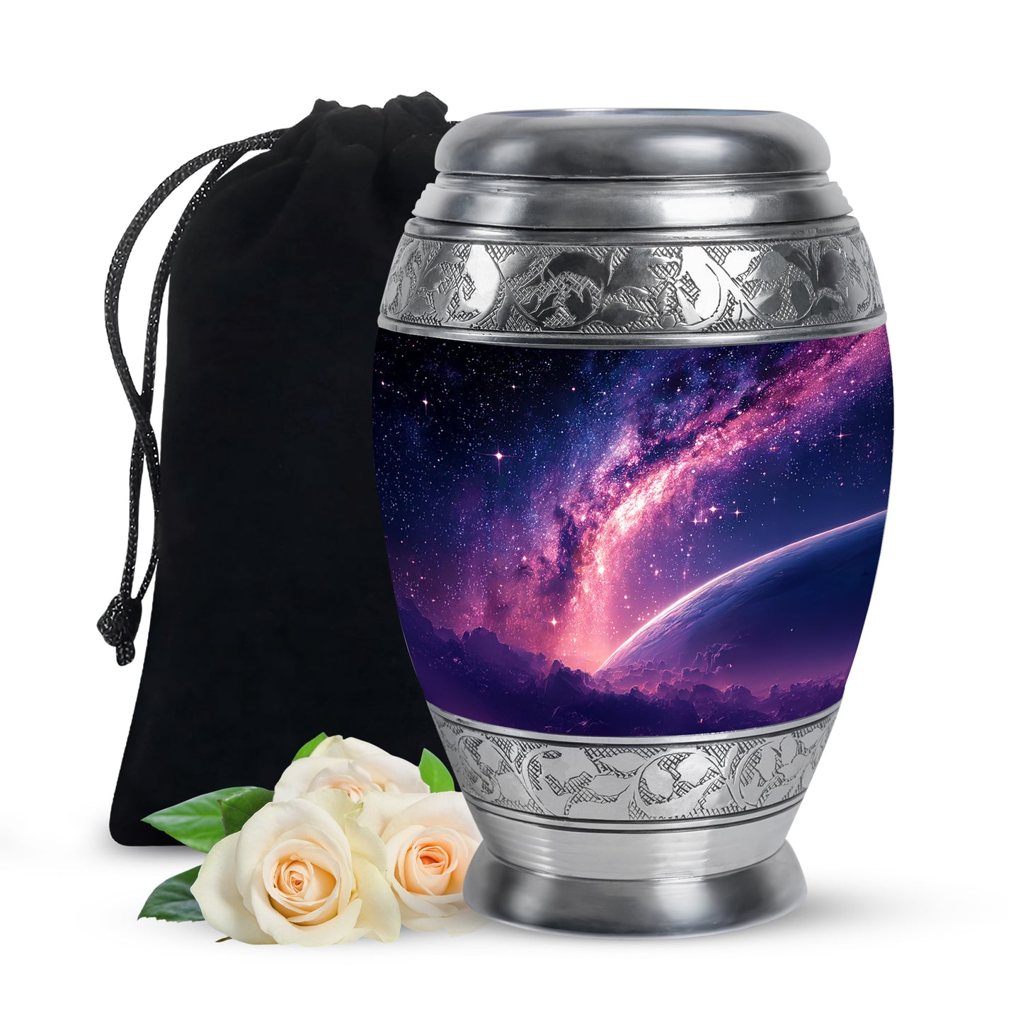 Twilight Blue Galaxy Cremation Urn back view with polished surface - majestic galaxy pattern with filigree border - full-size 10 inch 200 cubic inch adult cremation urn