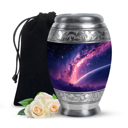 Twilight Blue Galaxy Cremation Urn back view with polished surface - majestic galaxy pattern with filigree border - full-size 10 inch 200 cubic inch adult cremation urn