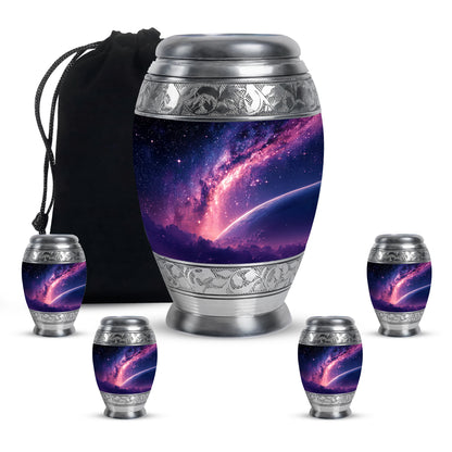 Royal Blue Galaxy Cremation Urn detail view - majestic galaxy pattern with filigree border - memorial set with one large and four small urns