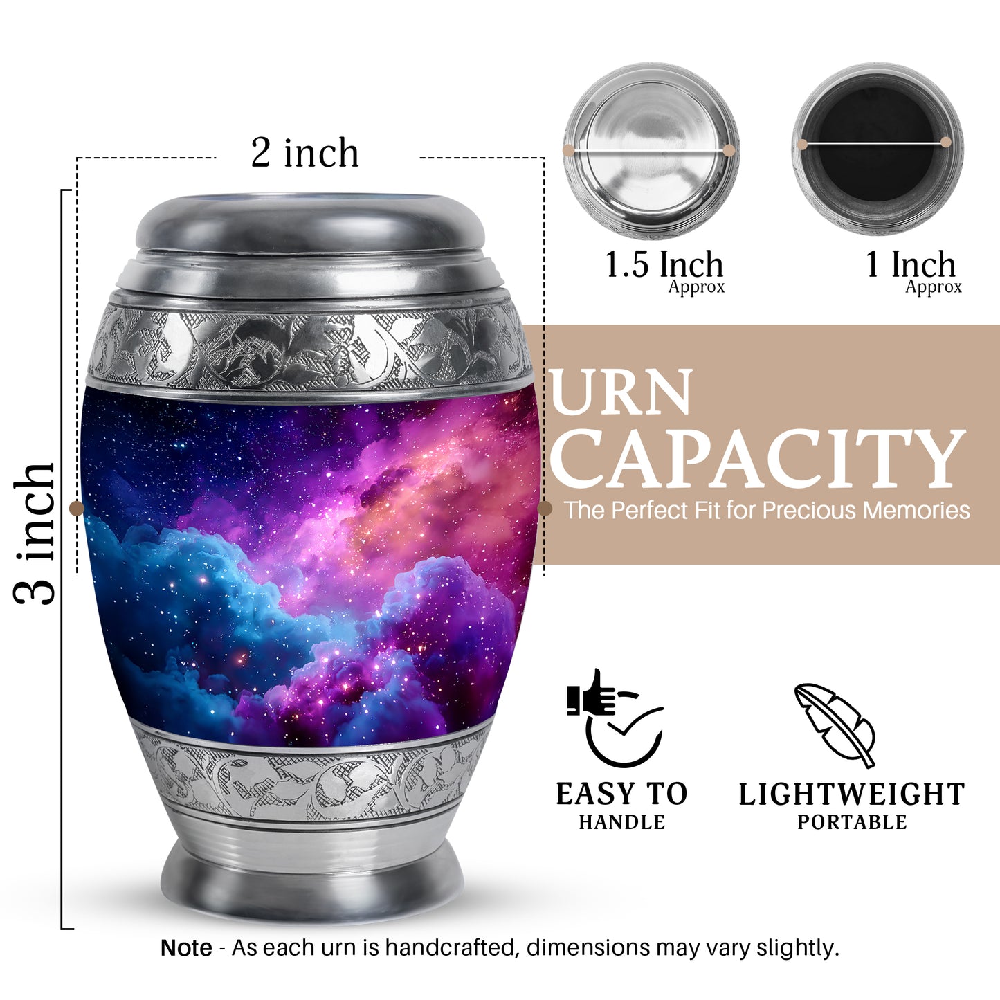 Royal Blue Galaxy Cremation Urn lifestyle display on memorial shelf - majestic galaxy pattern with filigree border - mini keepsake memorial for portion of cremation ashes