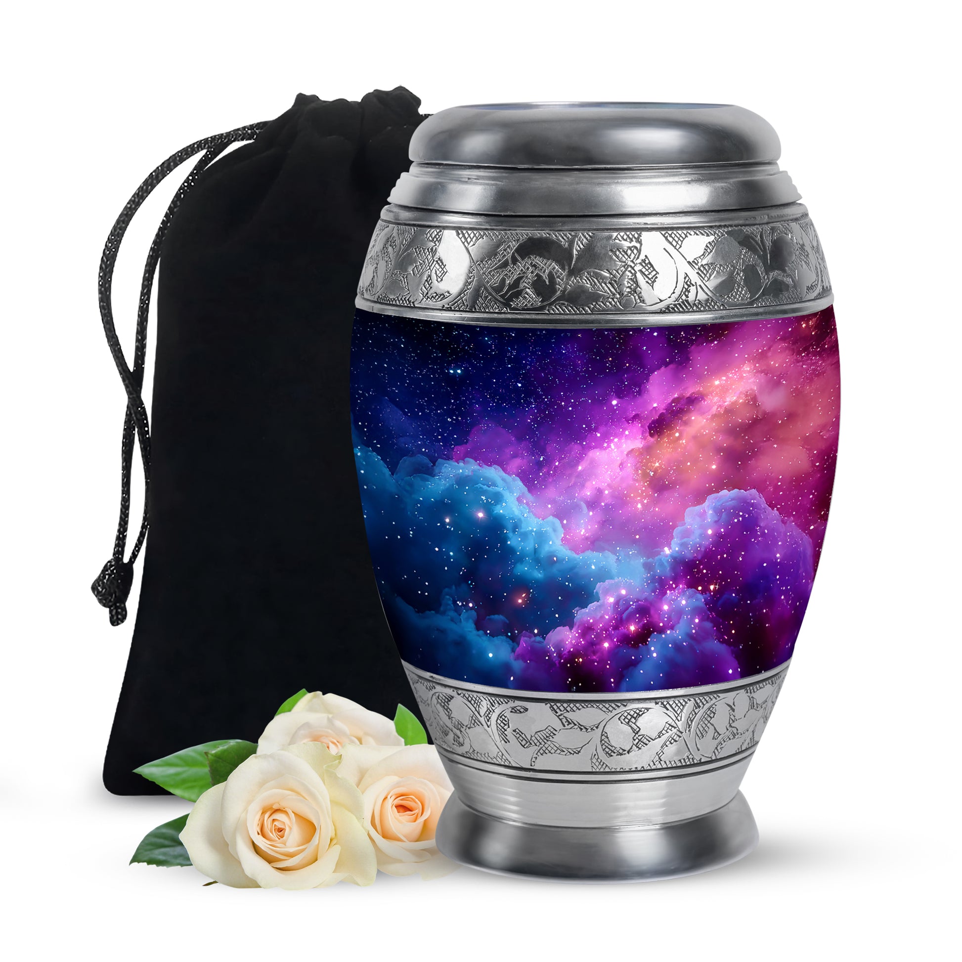 Slate Blue Galaxy Cremation Urn back view with polished surface - ornate monarch-style galaxy relief on brushed aluminum - full-size 10 inch 200 cubic inch adult cremation urn