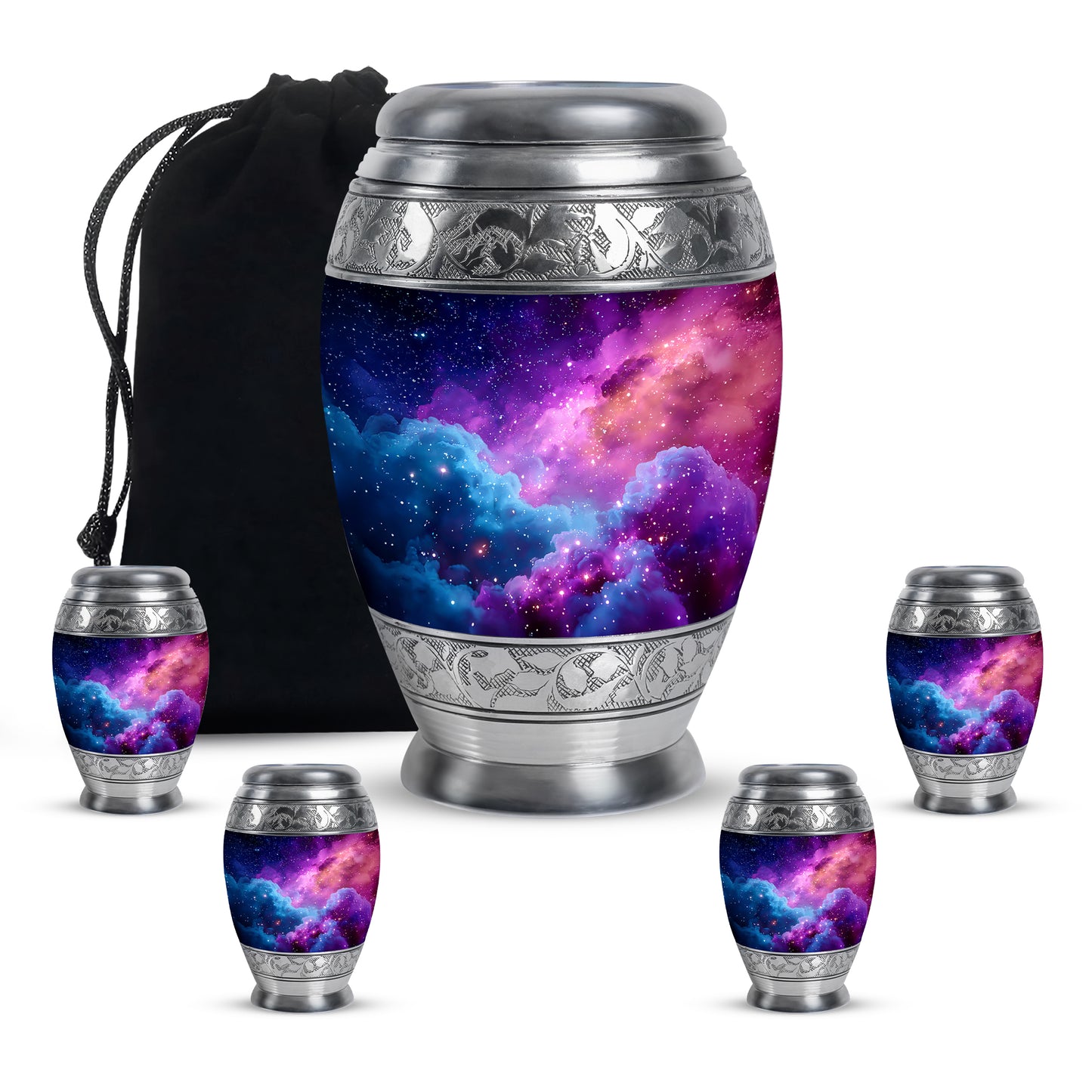 Celestial Blue Galaxy Cremation Urn detail view - regal galaxy design with crown-inspired accents - memorial set with one large and four small urns