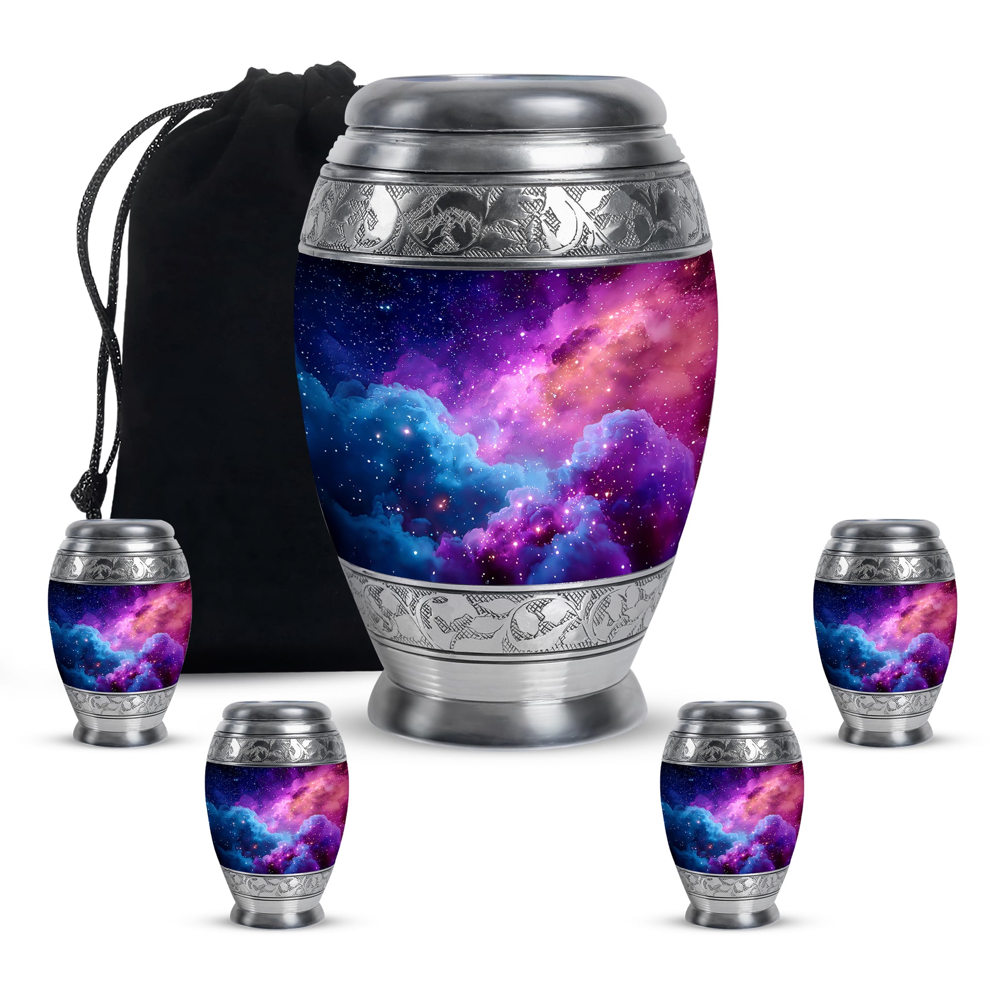 Celestial Blue Galaxy Cremation Urn detail view - regal galaxy design with crown-inspired accents - memorial set with one large and four small urns