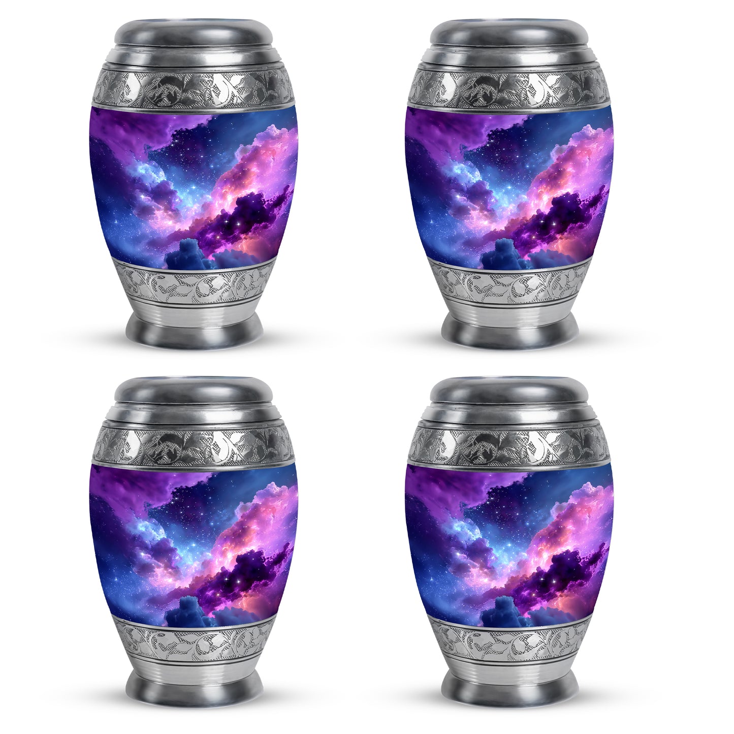 Dusty Blue Galaxy Cremation Urn urn with complimentary velvet bag - ornate monarch-style galaxy relief on brushed aluminum - 10 inch aluminum urn for cremated remains