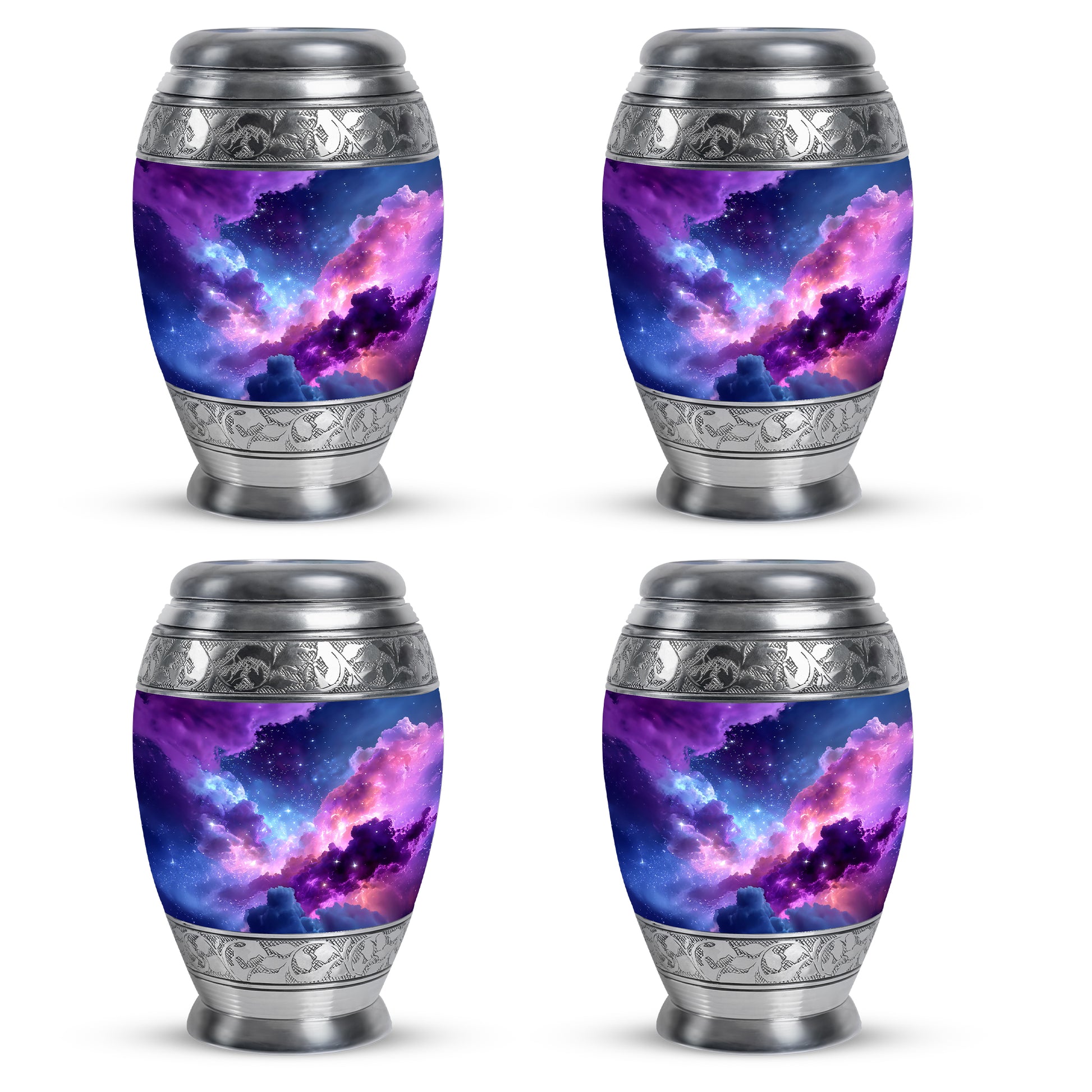 Dusty Blue Galaxy Cremation Urn urn with complimentary velvet bag - ornate monarch-style galaxy relief on brushed aluminum - 10 inch aluminum urn for cremated remains