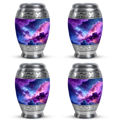 Dusty Blue Galaxy Cremation Urn urn with complimentary velvet bag - ornate monarch-style galaxy relief on brushed aluminum - 10 inch aluminum urn for cremated remains