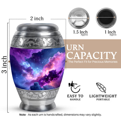 Indigo Galaxy Cremation Urn lifestyle display on memorial shelf - regal galaxy design with crown-inspired accents - mini keepsake memorial for portion of cremation ashes