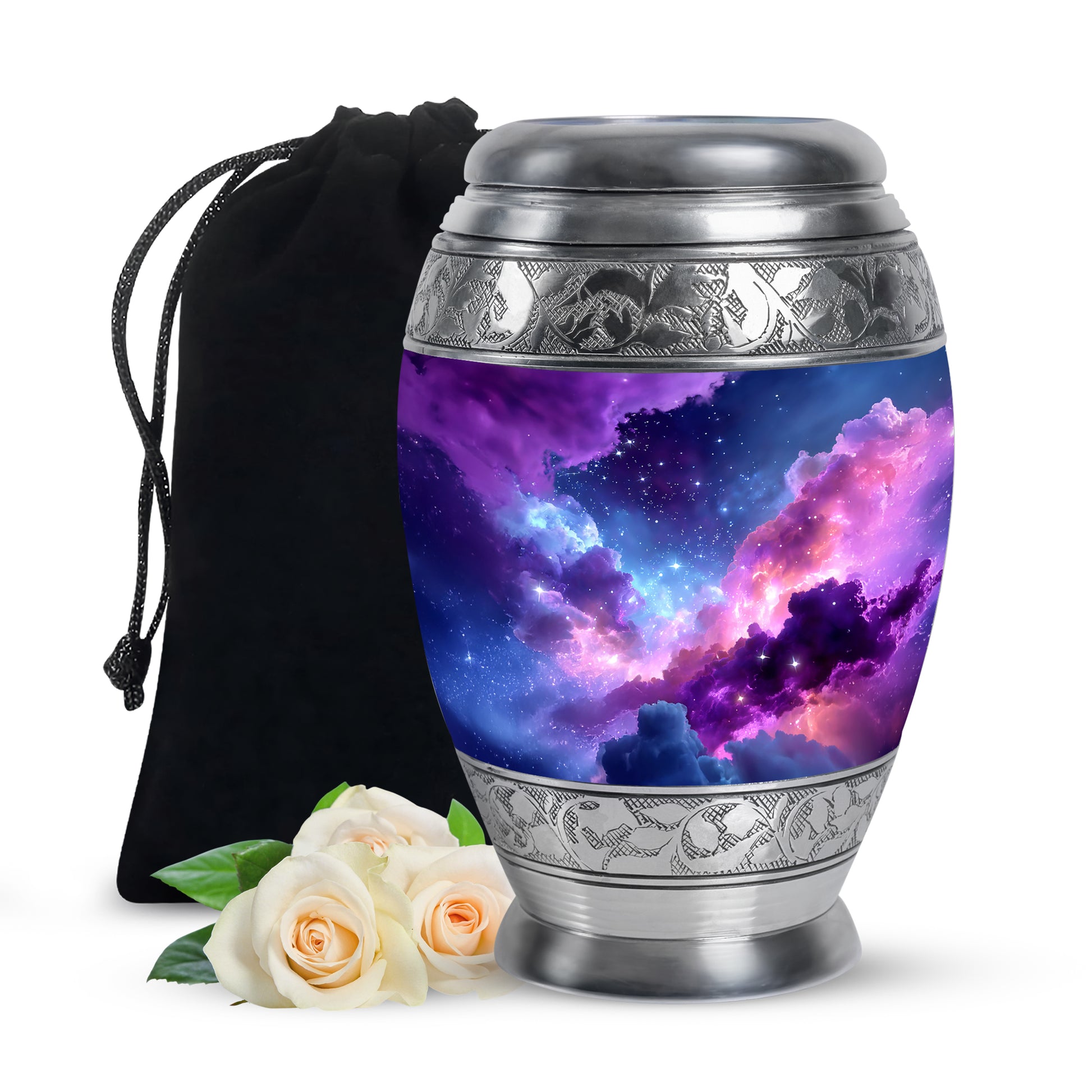 Powder Blue Galaxy Cremation Urn back view with polished surface - regal galaxy design with crown-inspired accents - full-size 10 inch 200 cubic inch adult cremation urn