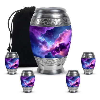 Twilight Blue Galaxy Cremation Urn detail view - majestic galaxy pattern with filigree border - memorial set with one large and four small urns