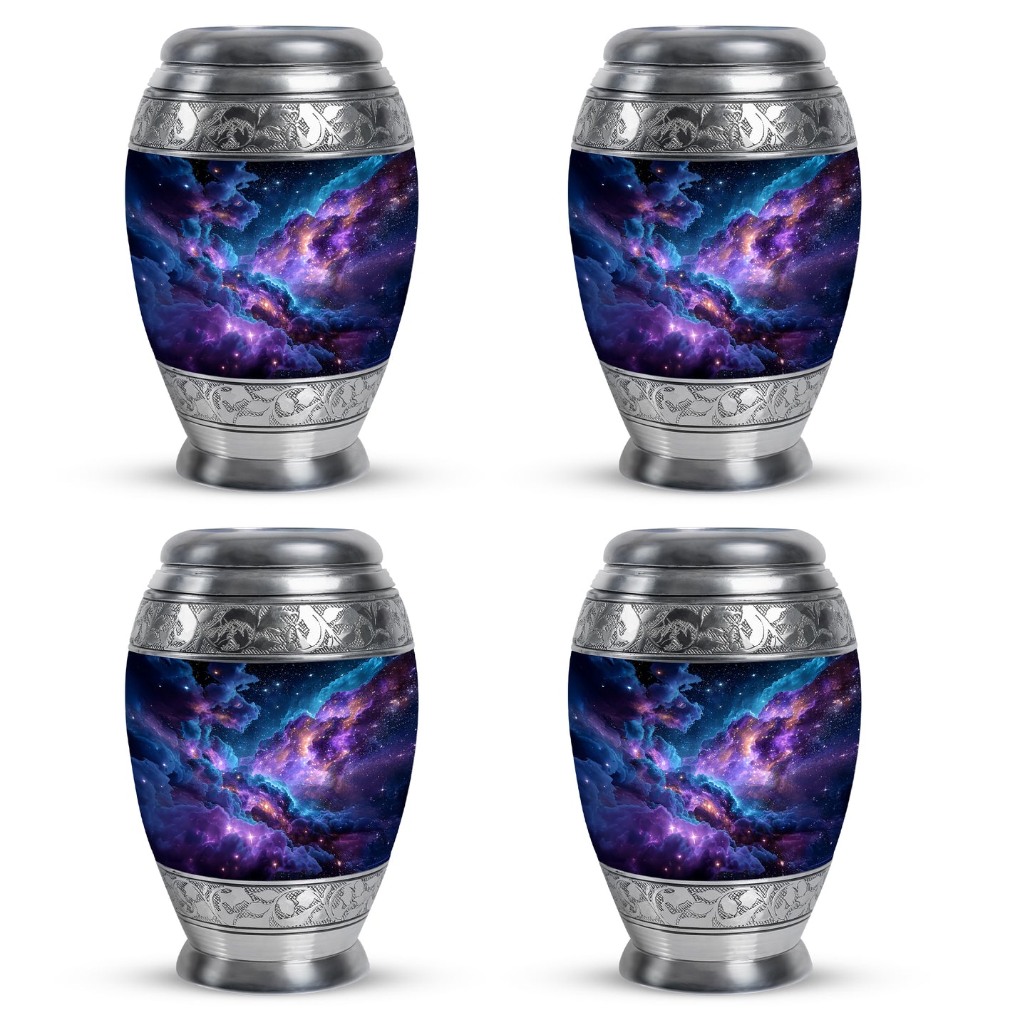 Celestial Blue Galaxy Cremation Urn urn with complimentary velvet bag - ornate monarch-style galaxy relief on brushed aluminum - 10 inch aluminum urn for cremated remains