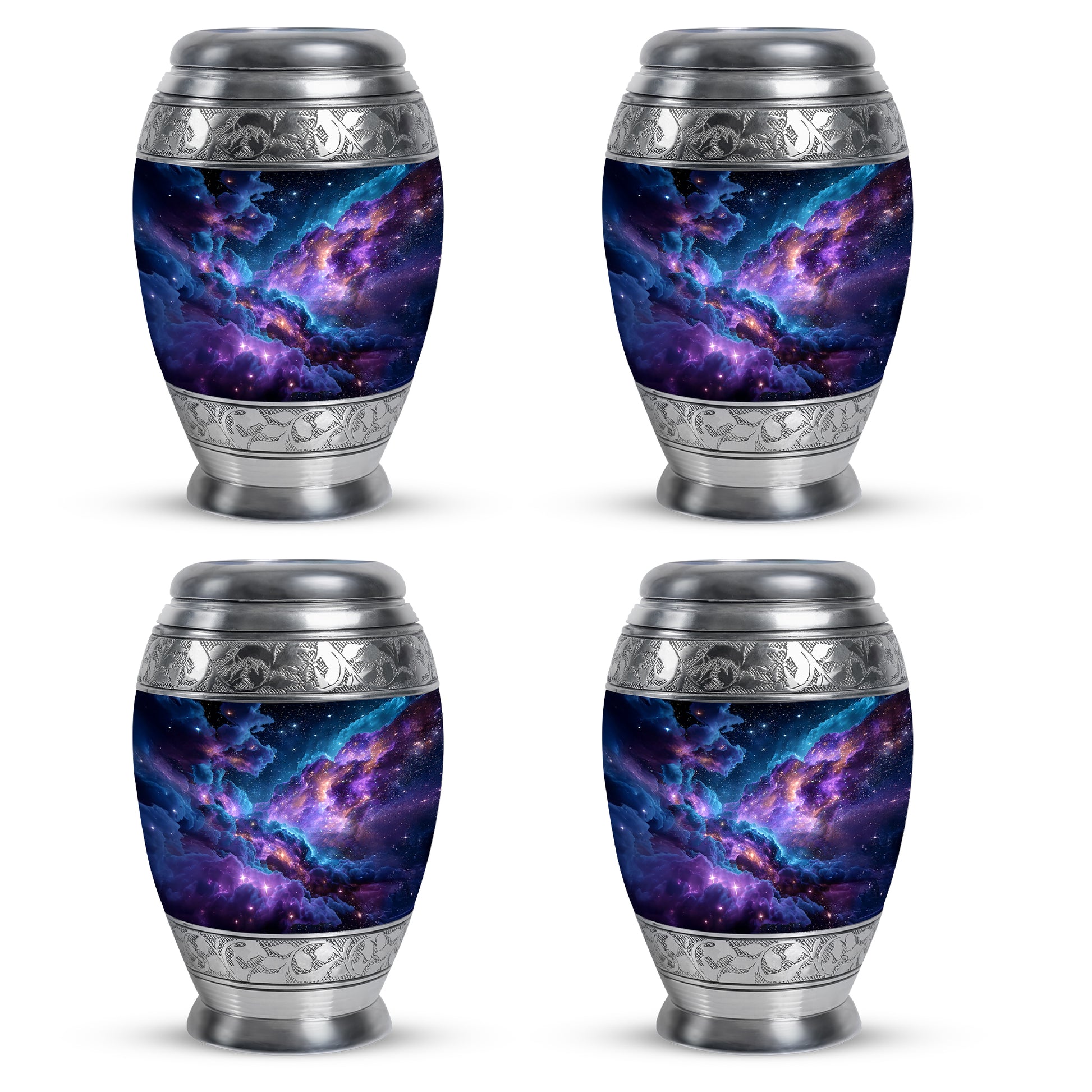 Celestial Blue Galaxy Cremation Urn urn with complimentary velvet bag - ornate monarch-style galaxy relief on brushed aluminum - 10 inch aluminum urn for cremated remains