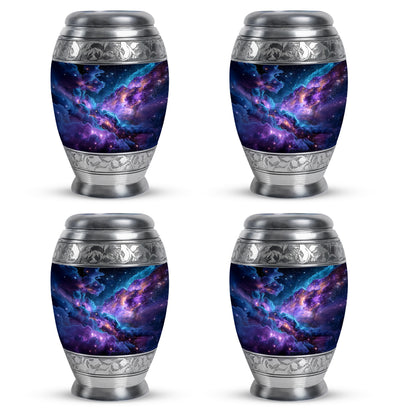 Celestial Blue Galaxy Cremation Urn urn with complimentary velvet bag - ornate monarch-style galaxy relief on brushed aluminum - 10 inch aluminum urn for cremated remains