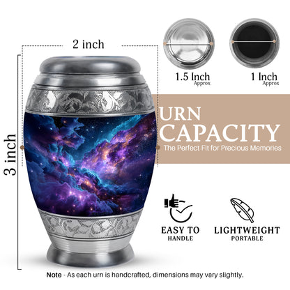Calming Blue Galaxy Cremation Urn lifestyle display on memorial shelf - majestic galaxy pattern with filigree border - mini keepsake memorial for portion of cremation ashes