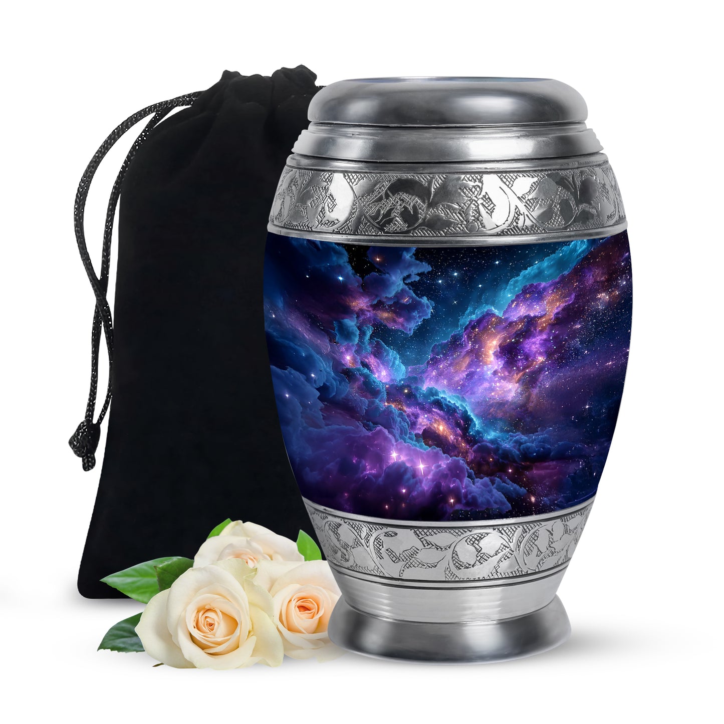 Vivid Blue Galaxy Cremation Urn back view with polished surface - royal galaxy engraving with decorative scrollwork - full-size 10 inch 200 cubic inch adult cremation urn