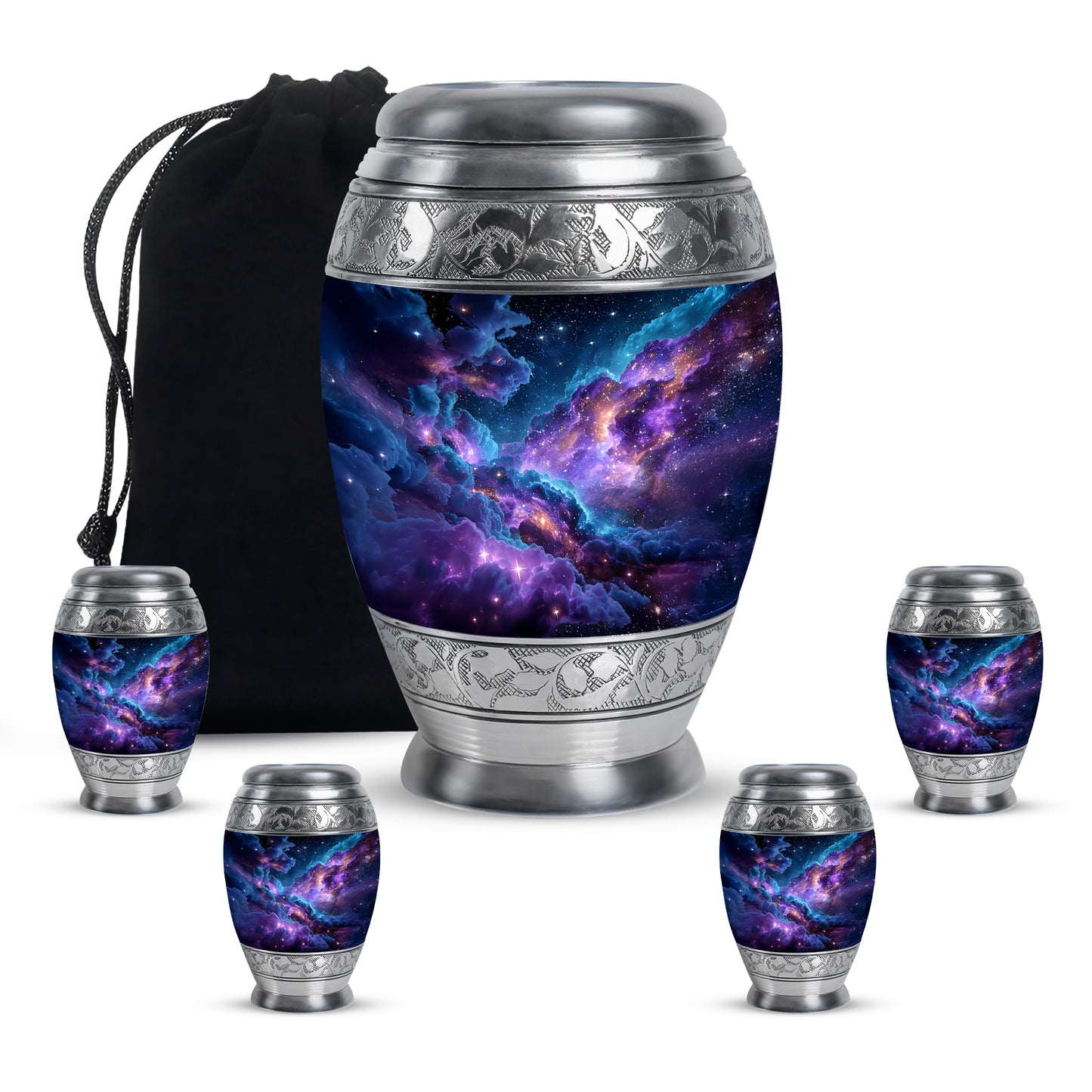 Icy Blue Galaxy Cremation Urn detail view - regal galaxy design with crown-inspired accents - memorial set with one large and four small urns