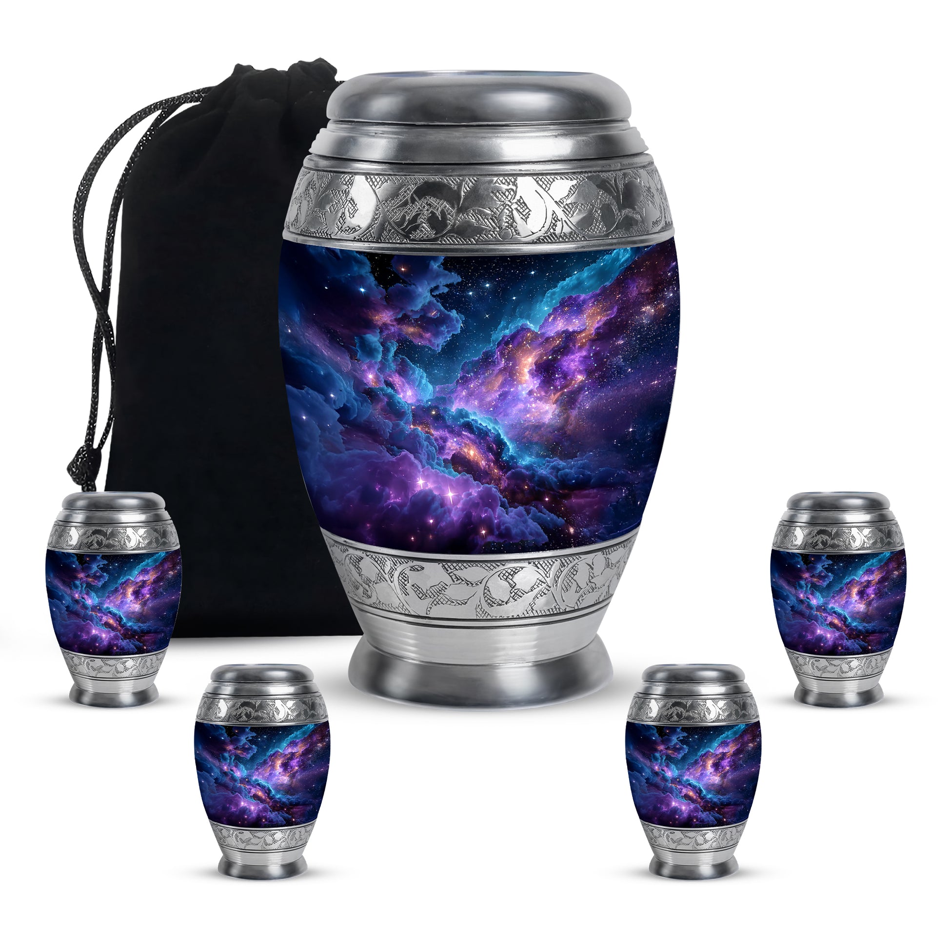 Icy Blue Galaxy Cremation Urn detail view - regal galaxy design with crown-inspired accents - memorial set with one large and four small urns