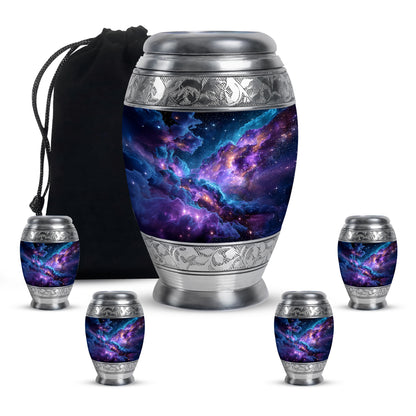 Icy Blue Galaxy Cremation Urn detail view - regal galaxy design with crown-inspired accents - memorial set with one large and four small urns