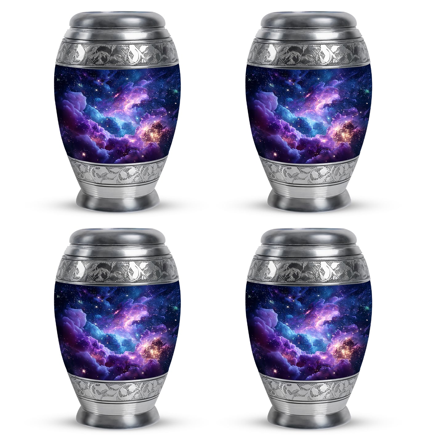 Icy Blue Galaxy Cremation Urn urn with complimentary velvet bag - ornate monarch-style galaxy relief on brushed aluminum - 10 inch aluminum urn for cremated remains